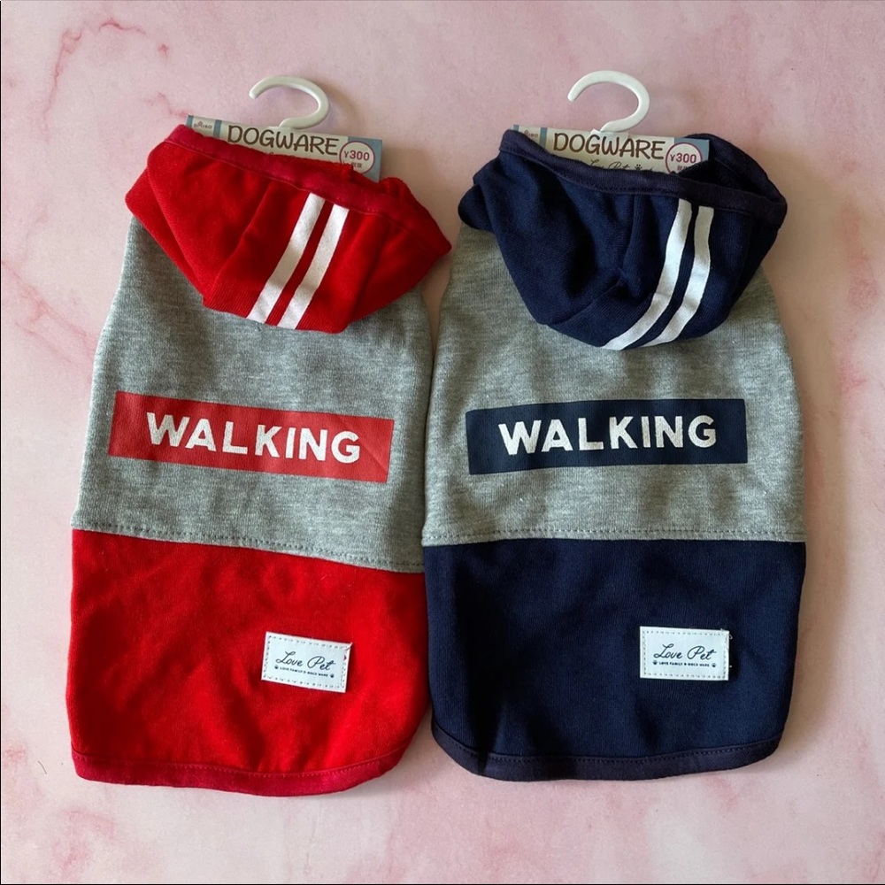 2 Walking Hoodies for Dog Red & Blue shirts